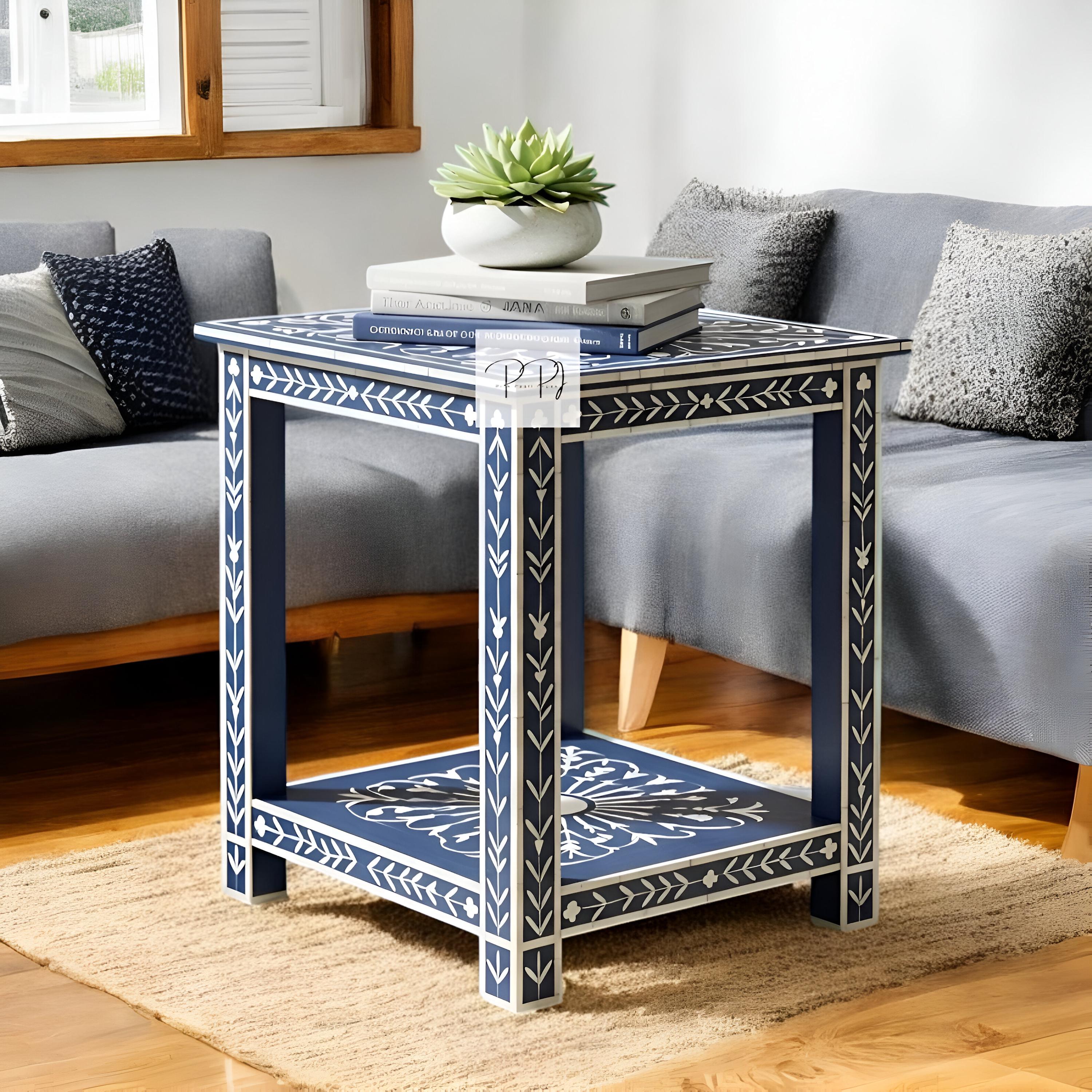 ハンドメイドのブルーボーンインレイエンドテーブル：花柄ダブル