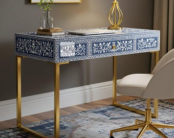 Straight Leg Bone Inlay Blue Floral Desk with three drawer / Handcrafted Writing Desk for Home / Blue Bone Inlay Computer Table