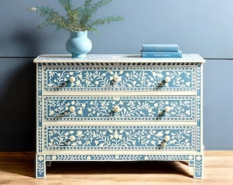 Bone Inlay Blue Floral Dresser / 4-Drawer Storage Chest / Handcrafted Artistic Bedroom Furniture / Elegant Bone Inlay Design