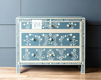 Bone Inlay Floral Blue Dresser / 4-Drawer Storage Chest / Handcrafted Elegant Bedroom Furniture / Artistic Bone Inlay Design