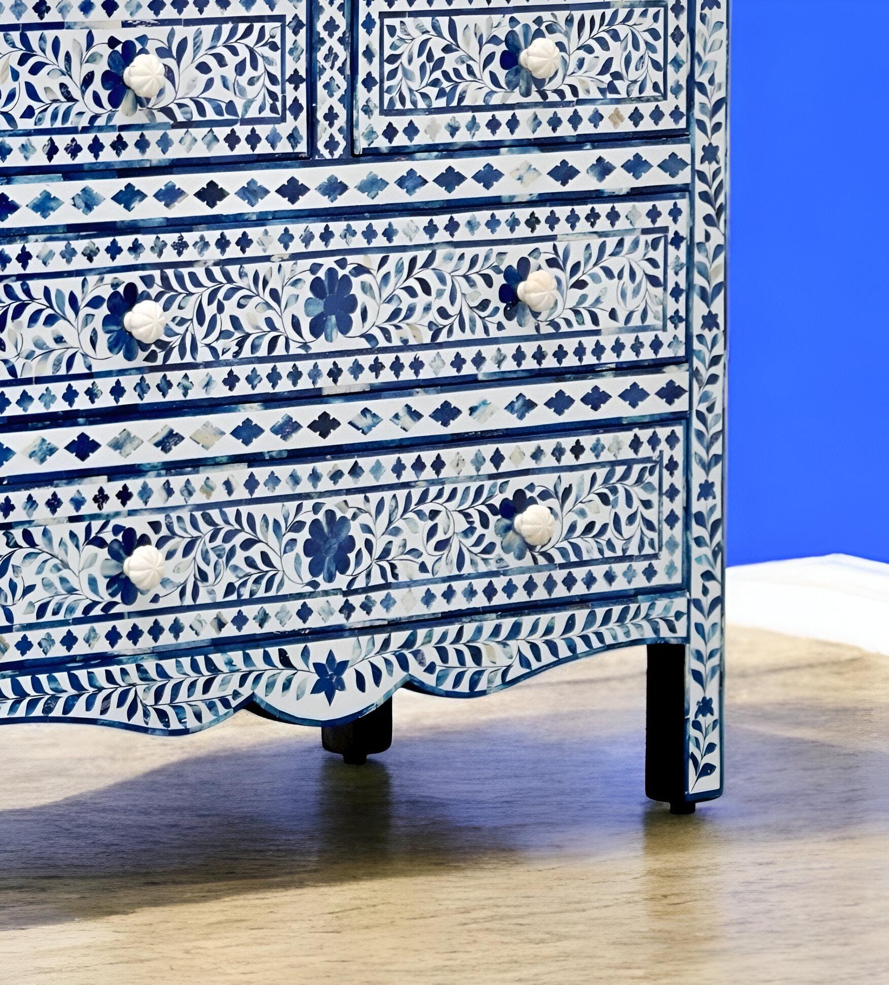 Floral Pattern 4-drawer Blue Bone Inlay Dresser / Handcrafted Bone ...