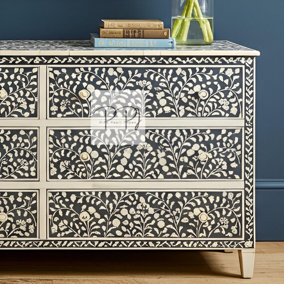 Bone Inlay Dresser | Black Floral 6-drawer Handmade Cabinet