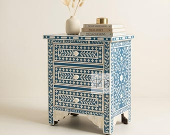 Blue Handmade Bone Inlay Floral Three drawer Nightstand / Floral Bedside Table