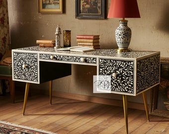 Bone Inlay Floral Pattern Black and White Three-Drawer Desk / Handcrafted Writing Desk with Metal Legs / Elegant Bone Inlay Study Table