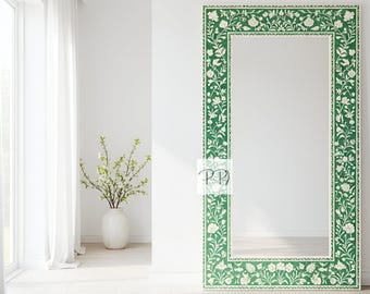 Green Floral Bone Inlay Mirror / Handcrafted Decorative Wall Art