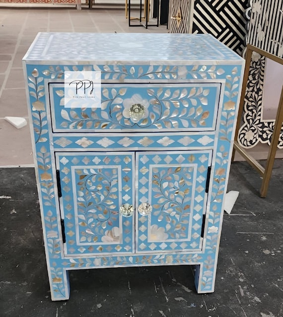 雑貨屋ページ マザーオブパール スカイブルー ナイトスタンド：骨象嵌