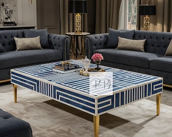 Bone Inlay Coffee Table in Blue | Handmade Indian Geometric Centerpiece | Luxury Rectangular Table with Brass Legs | Boho Accent Furniture