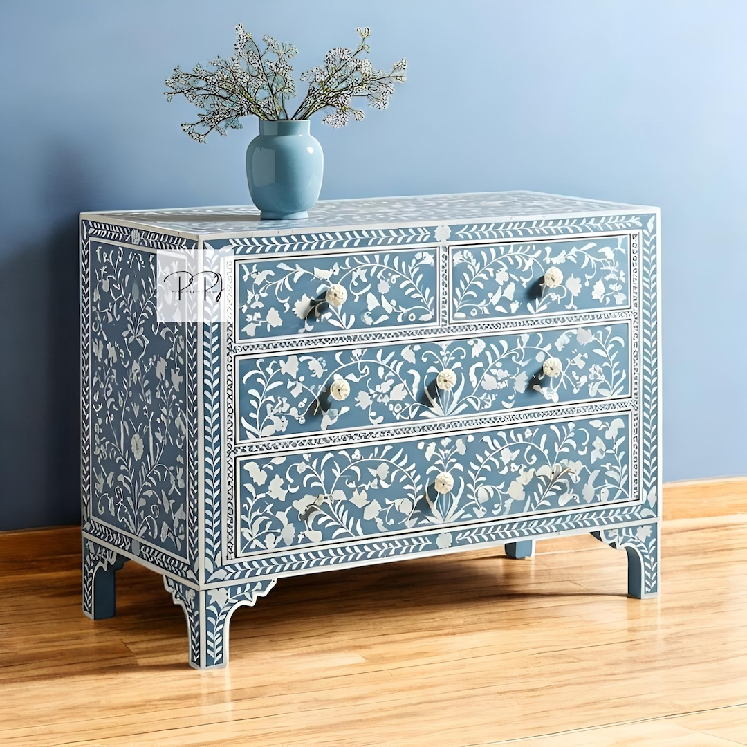 Bone Inlay Floral Blue Dresser / 4-drawer Storage Chest