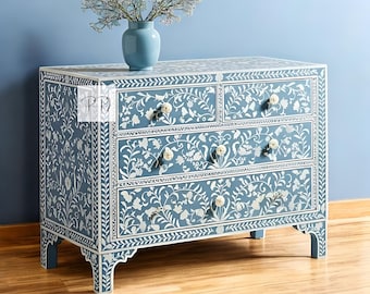 Bone Inlay Floral Blue Dresser / 4-Drawer Storage Chest / Handcrafted Elegant Bedroom Furniture / Artistic Bone Inlay Design
