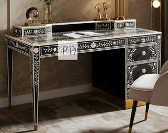 Handcrafted Black Bone Inlay Desk: Floral Writing Table with Gold Accents