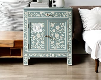 Mesita de noche artesanal con incrustaciones de hueso gris: mesa auxiliar con diseño floral