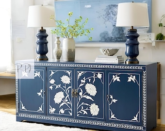Aparador azul marino de 4 puertas con incrustaciones de hueso de girasol hecho a mano