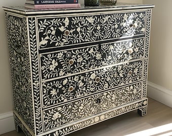 Floral Pattern Bone Inlay Dresser / Four Drawer Storage Chest / Handcrafted Elegant Bedroom Furniture / Artistic Bone Inlay Design
