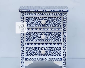 Mesita de noche azul marino con incrustaciones de hueso: armario de almacenamiento floral de 3 cajones