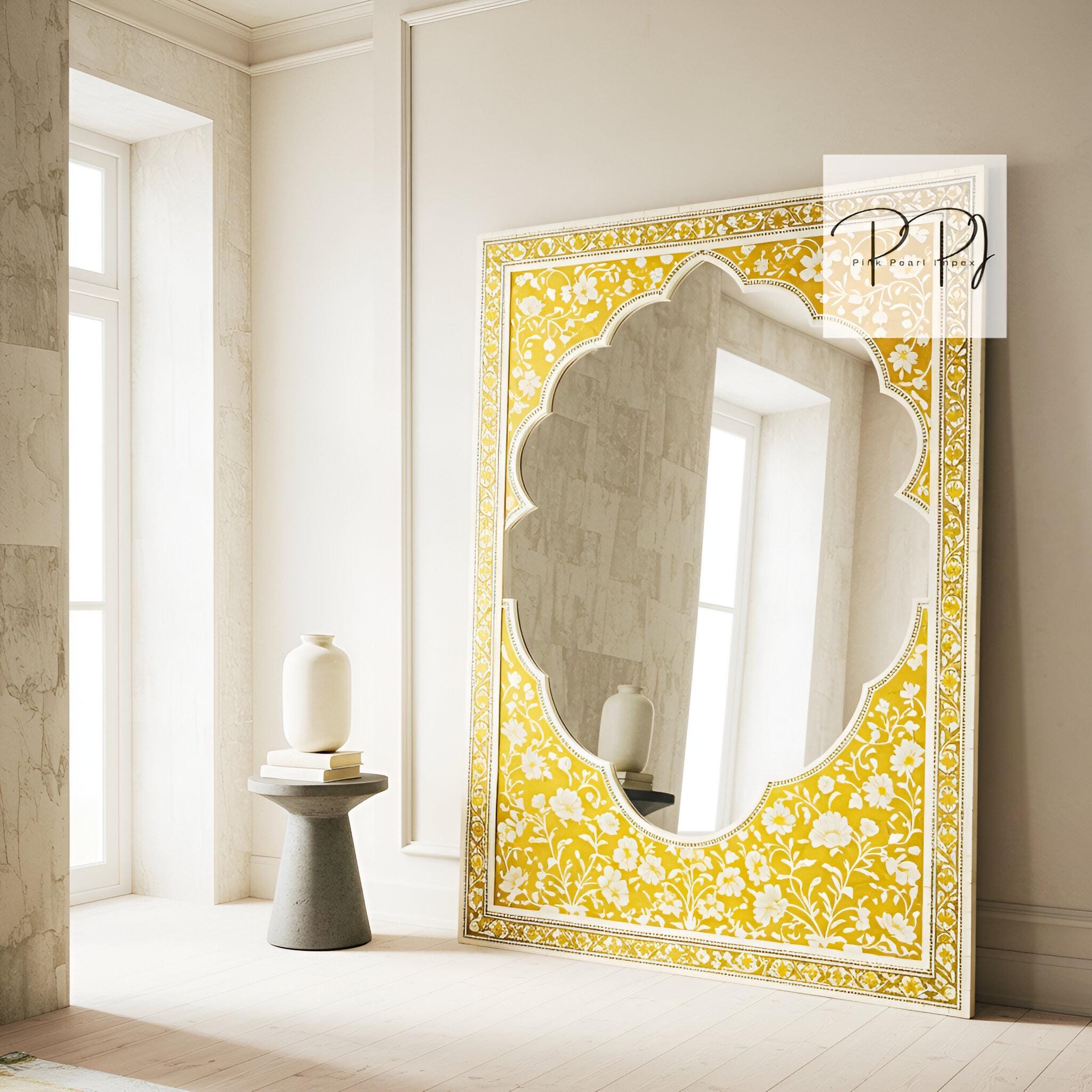 Floral Bone Inlay Yellow Mirror / Handcrafted Floral Mirror / Decorative Wall Mirror with  Inlay Design / Vintage-Inspired Yellow Mirror