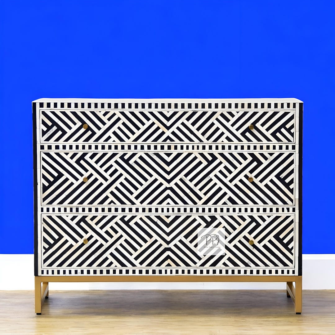 Modern Bone Inlay Optical Bone Inlay Dresser / 3 Drawers With Metal Legs / Handcrafted ...