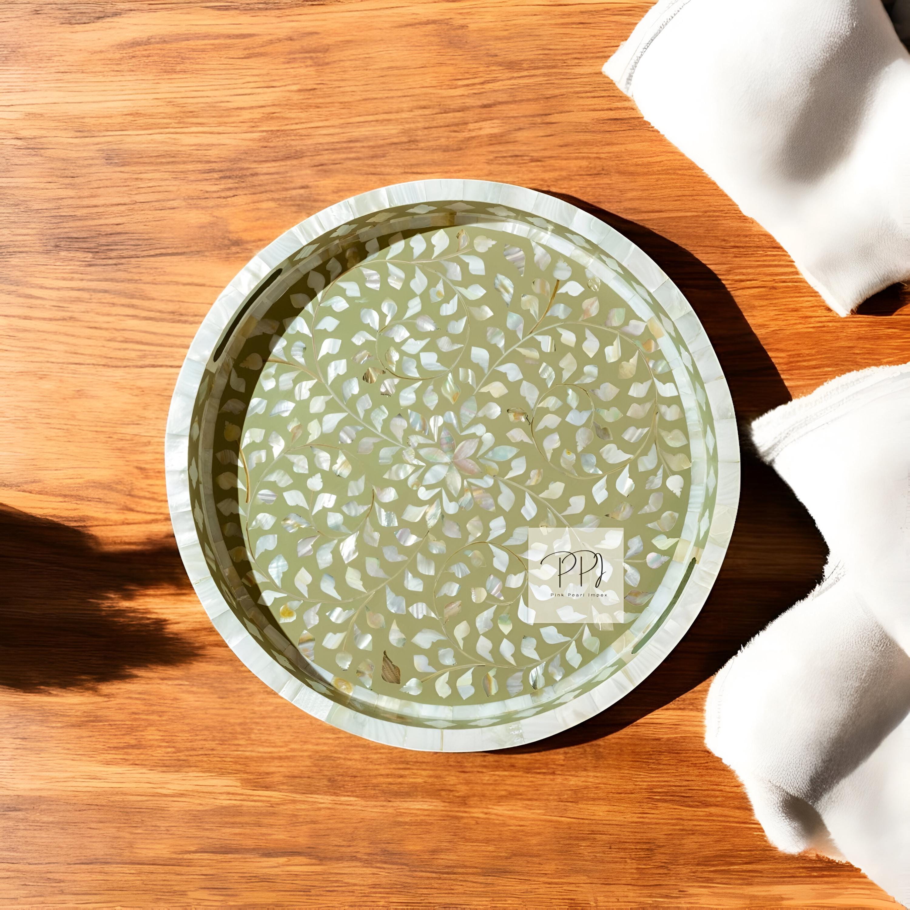 Handcrafted Mother of Pearl Tray: Mustard Floral Inlay Accent