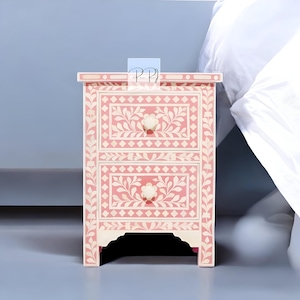 Pink Bone Inlay Nightstand: Handcrafted Floral Bedside Table