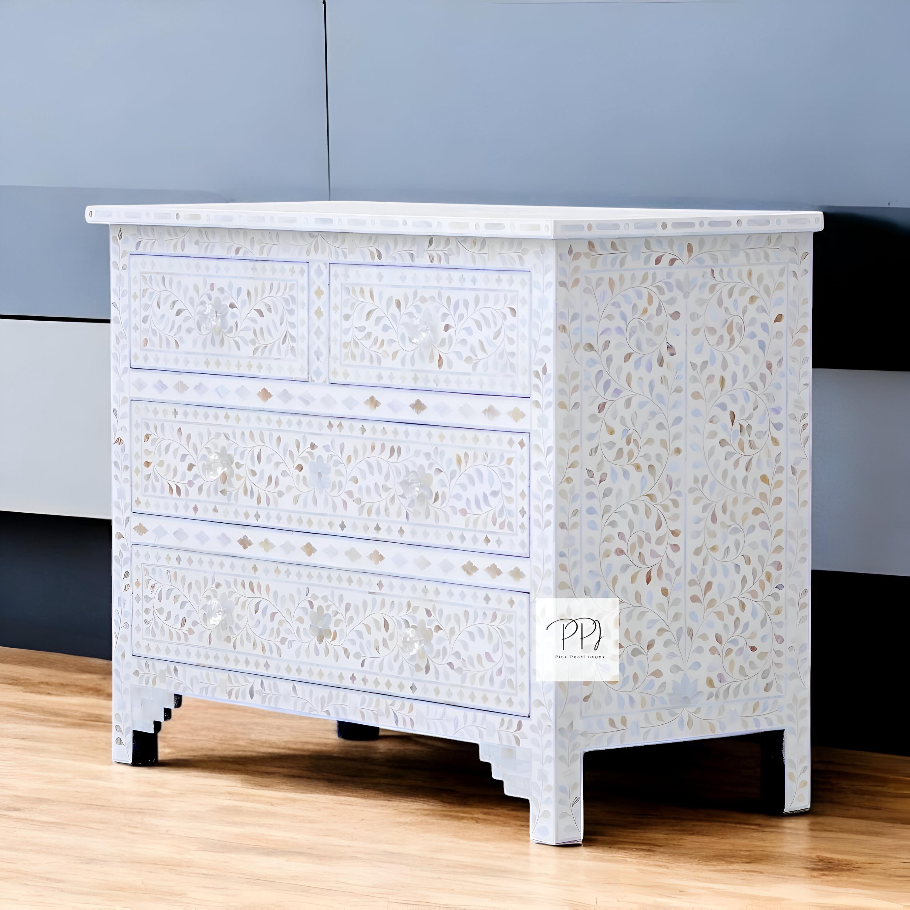 White Mother of Pearl Floral Dresser / 4-Drawer Handcrafted Storage Cabinet / Elegant Floral Pattern Chest / Artistic Bedroom kommode