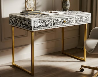 Bone Inlay Black Writing Desk | Floral Pattern Handmade Desk with Metal Legs | One Drawer Office Table | Indian Computer Furniture