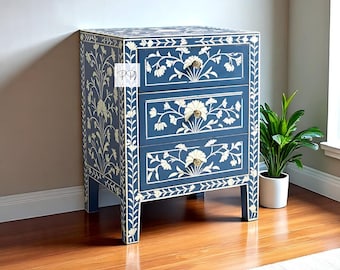 Navy Blue Bone Inlay Nightstand with 3 Drawers | Handcrafted star Pattern Bedside Table | Elegant Bone Inlay Bedroom Furniture