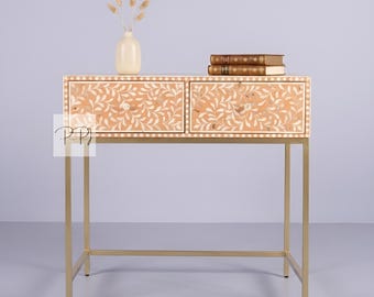 Escritorio artesanal de color naranja con incrustaciones de hueso y diseño floral / Escritorio de 2 cajones para el hogar