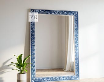 Blue Bone Inlay Petal Floral Rectangular Mirror / Handcrafted Floral Design Mirror / Decorative Wall Mirror with Intricate Bone Inlay