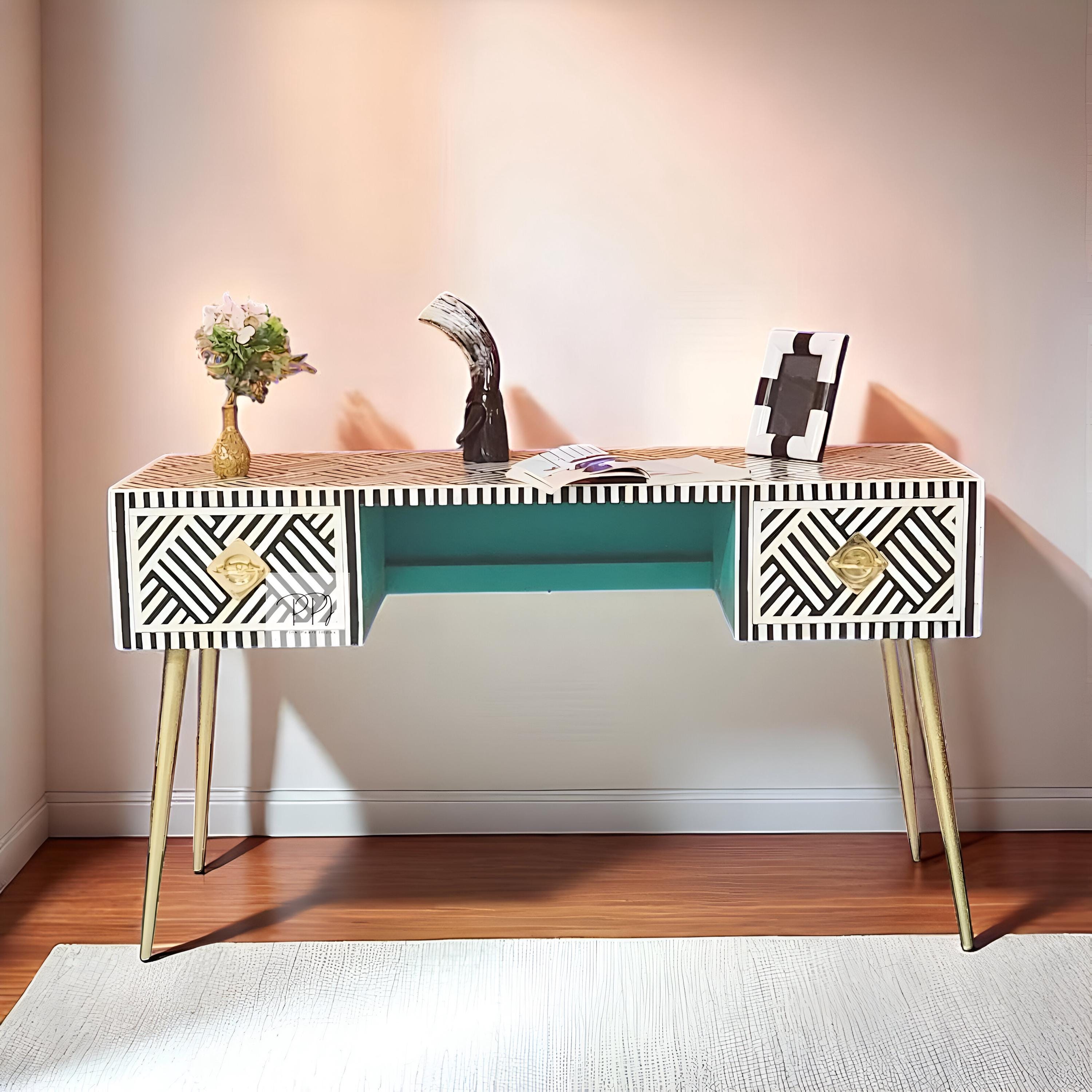 Bone Inlay Optical Desk with 2 Drawers | Black Inlay Writing Table | Handmade Office Desk | Modern Home Work Desk with Metal Base