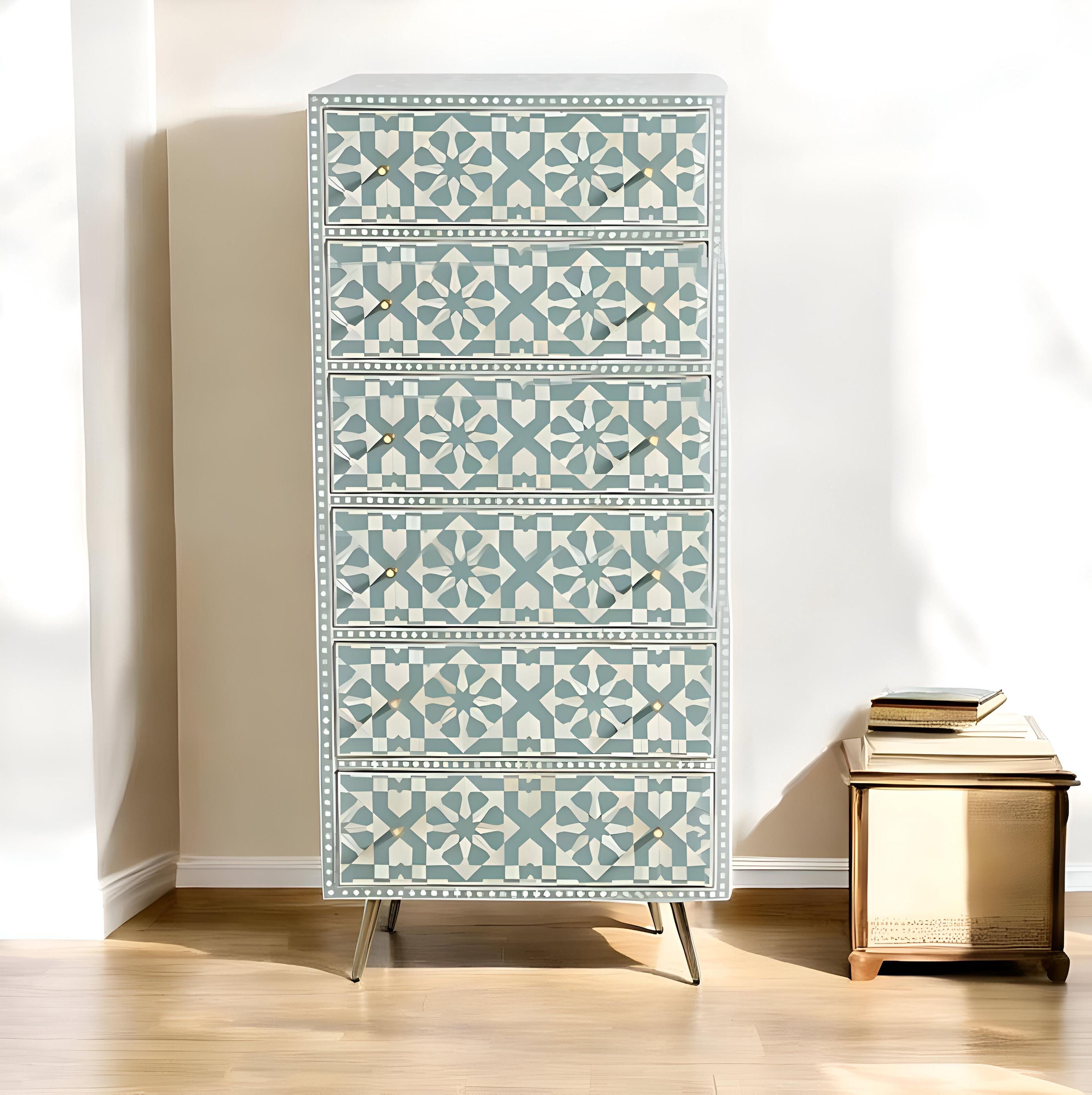 Light Green Bone Inlay Tallboy Dresser | Handmade Moroccan Pattern Storage Cabinet | Elegant Bone Inlay Chest with Drawers for Bedroom