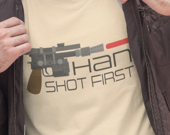 Han Shot First T Shirt Han Solo Blaster Greedo Mos Eisley Cantina Tatooine Chewbacca Vintage Cool Unique Funny Star Wars Gift Graphic Tshirt