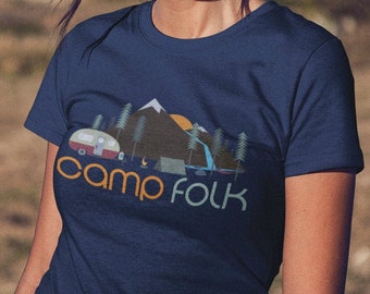 Camp Folk Womens T-shirt Camping Life Campfire Forest Bathing Trail Hiking Waterfall Outdoors Nature Wanderlust Happy Camper Tent T Shirt