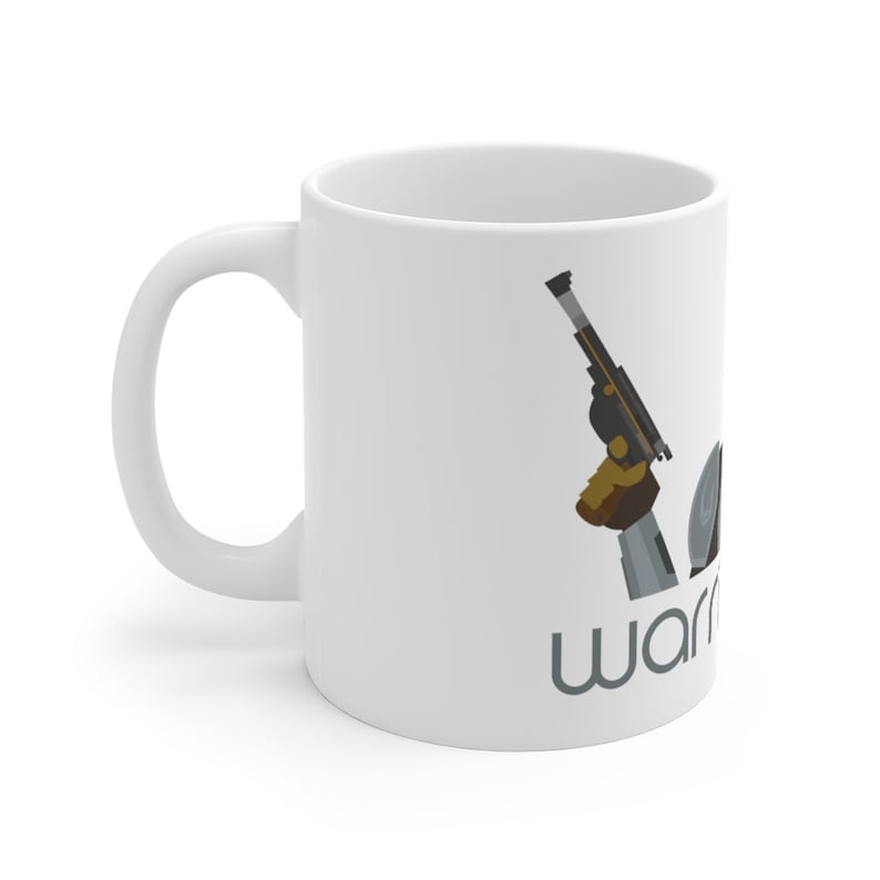 May include: White ceramic mug featuring a black and grey illustration of a hand holding a blaster and the word "war" printed in grey.