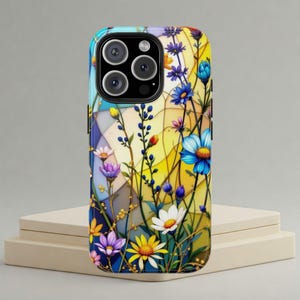 Wildblumen Gepresste Glasmalerei Handyhülle Mosaik Blumen iPhone 16 15 14 13 12 11 Pro Max Plus, Google Pixel 9 8 7 6 5 4, Geschenk für Gärtnerin