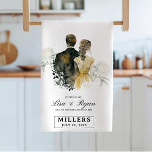 Funny engagement gift, No longer living in Sin, sentimental wedding gift, Personalized Kitchen towel, Last name home Decor, Housewarming