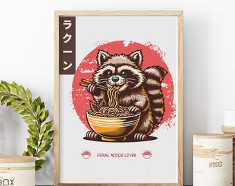 Raccoon Eating Ramen Wall Art, Retro Noodle Lover Gift, Unique Kitchen Decor Noodle Lover Gift Quirky Raccoon Illustration, Kitchen Wall Art