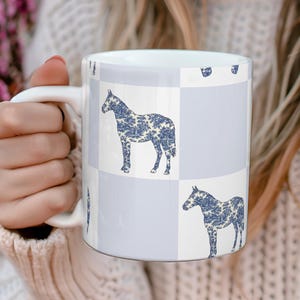 Horse French Toile de Jouy Mug, Horseshoe Mug, Equestrian Coffee Cup, Gift for Horse Lovers, Equestrian Gift, Blue and White horsefulness