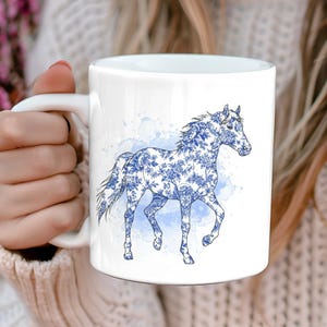 Horses Toile de Jouy Mug, Elegant Toile Coffee cup for Equestrian, Watercolor horse rider Coffee Cup gift for Horse Lovers, 11oz /15oz