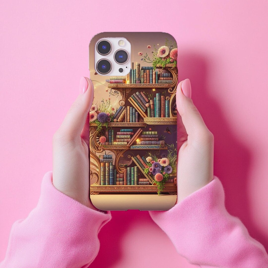 Bookshelf Phone Case, Floral Bookcase, Bookish Phone Case Gift for