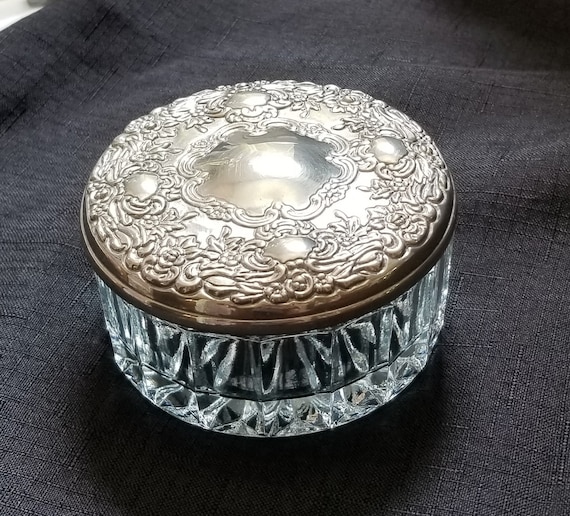 Vintage GODINGER Glass Trinket Box with Silver Plate … Gem