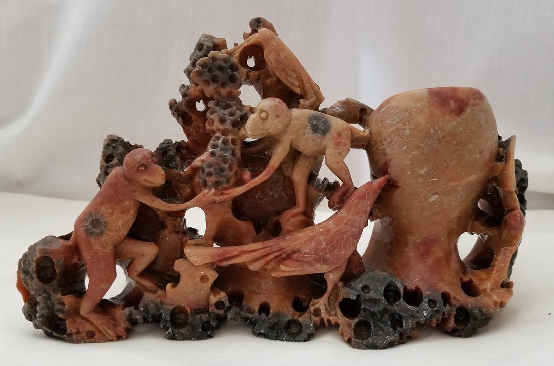 Antique Chinese Soapstone Carving With Monkeys and Birds Brushpot Etsy