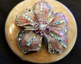 Vintage Round Floral Enamel Rhinestone Mirror Compact