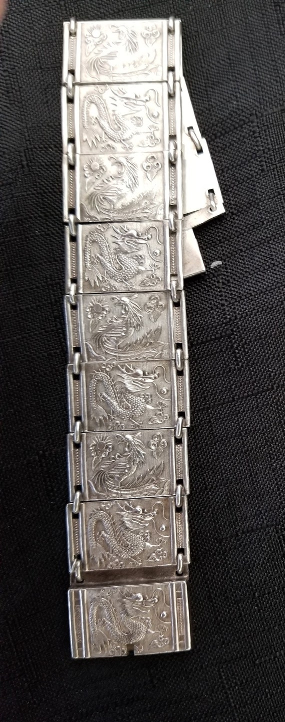 Antique Chinese Export Silver Dragons Panel Link … - image 3