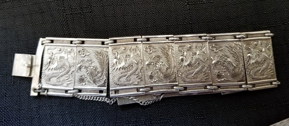 Antique Chinese Export Silver Dragons Panel Link … - image 1