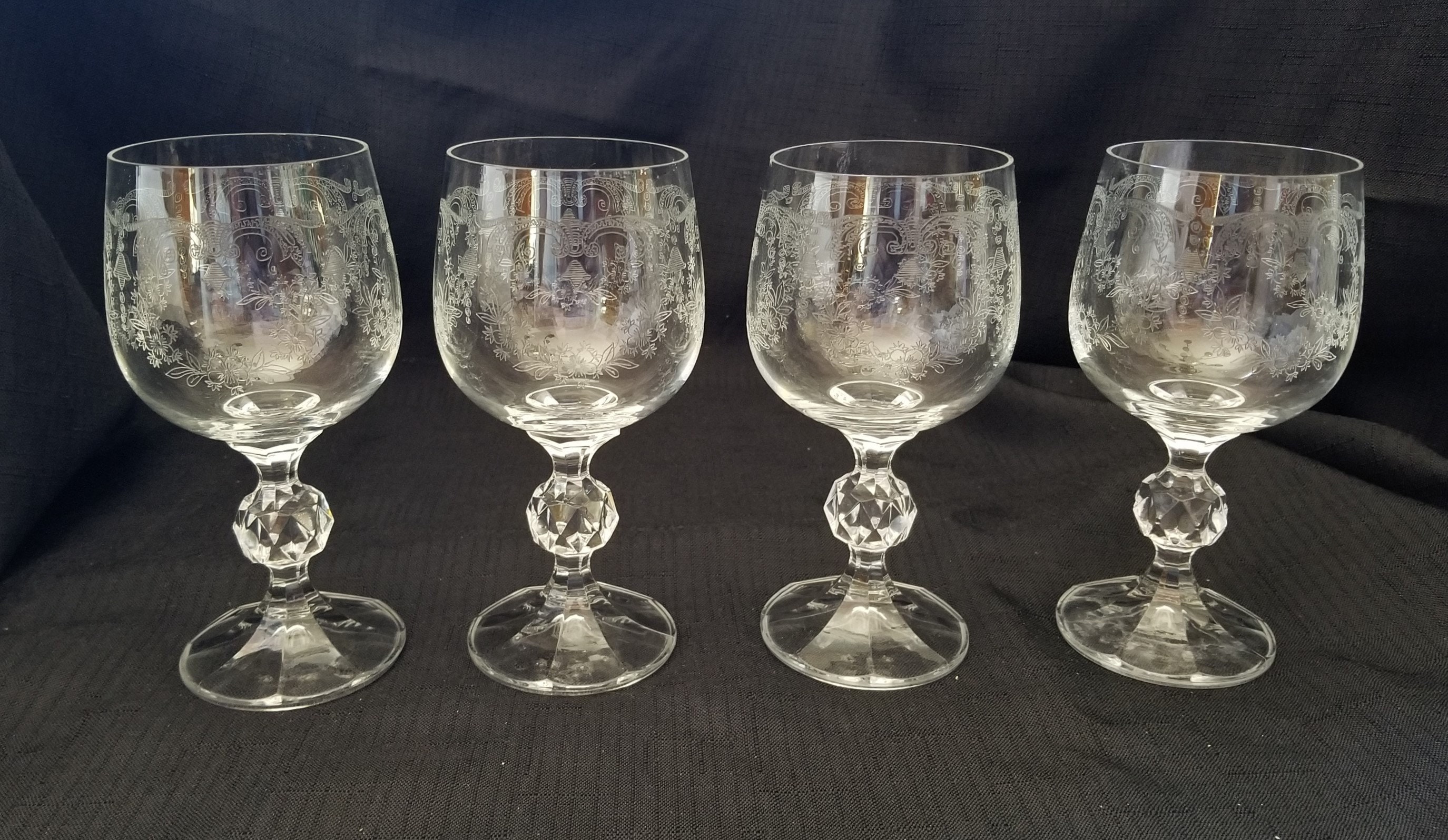 Vintage Bohemia Crystal, Cascade Bell Etched Crystal Wine Glasses