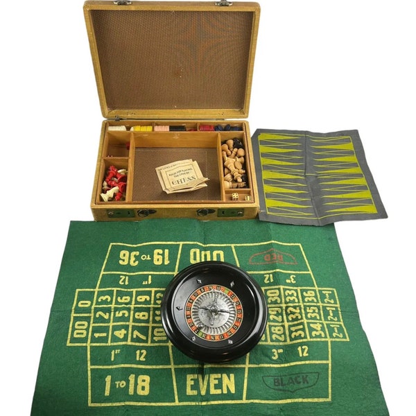 Rott Rottgames Gambling Game Wooden Briefcase Roulette Wheel Felt Mat Backgammon Carry Case Vintage