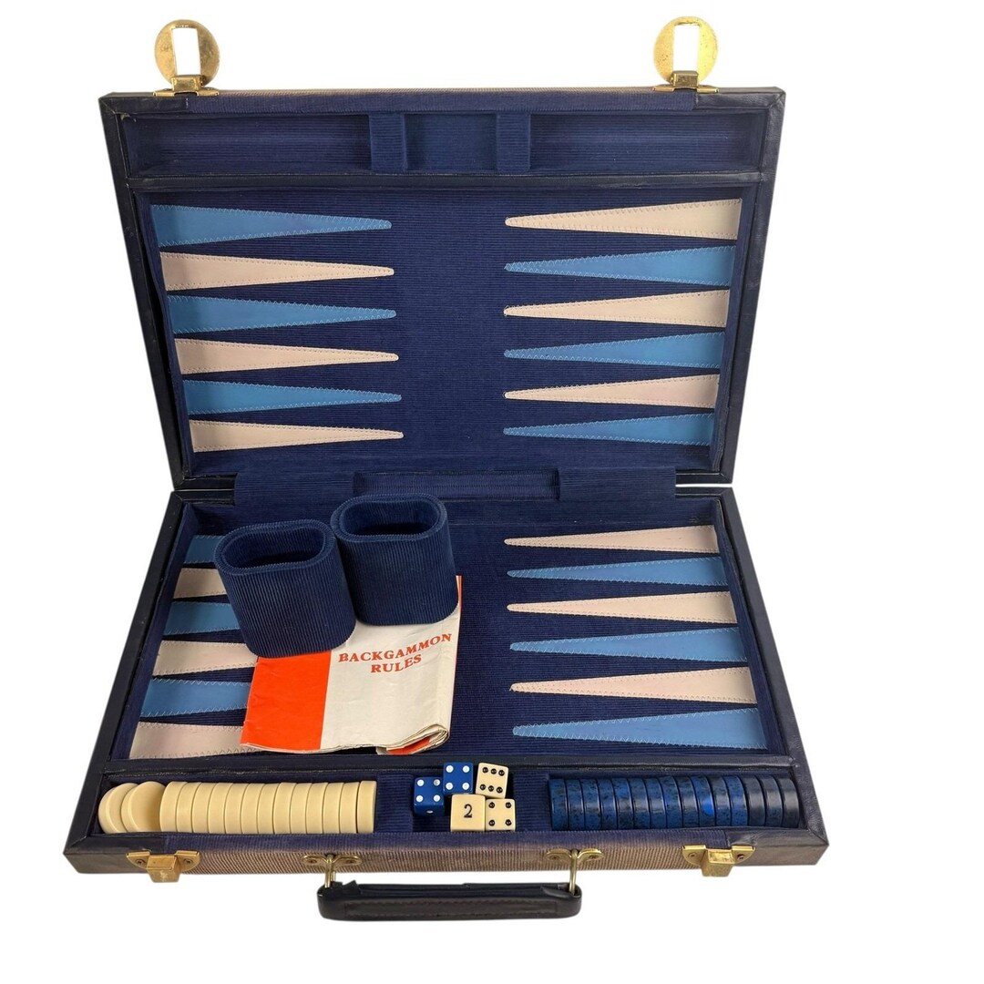 Vintage Backgammon Briefcase Set Game Folding Carry Case Travel Blue ...
