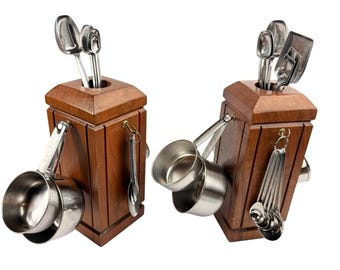 Vintage MCM Wood Pillar Measuring Cup Spoon Set Foley Stainless Steel Nesting