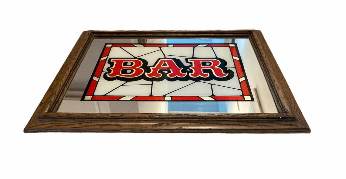 Vintage Bar Mirror Sign Faux Wood Frame Man Cave Decor Red Etsy