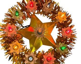 Vintage Star Tree Topper Top Gold Tinsel 11 Light Floral Reflector Christmas