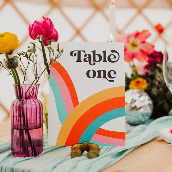 Retro Rainbow Wedding Table Numbers | Personalised | On The Day | Quirky and Bright